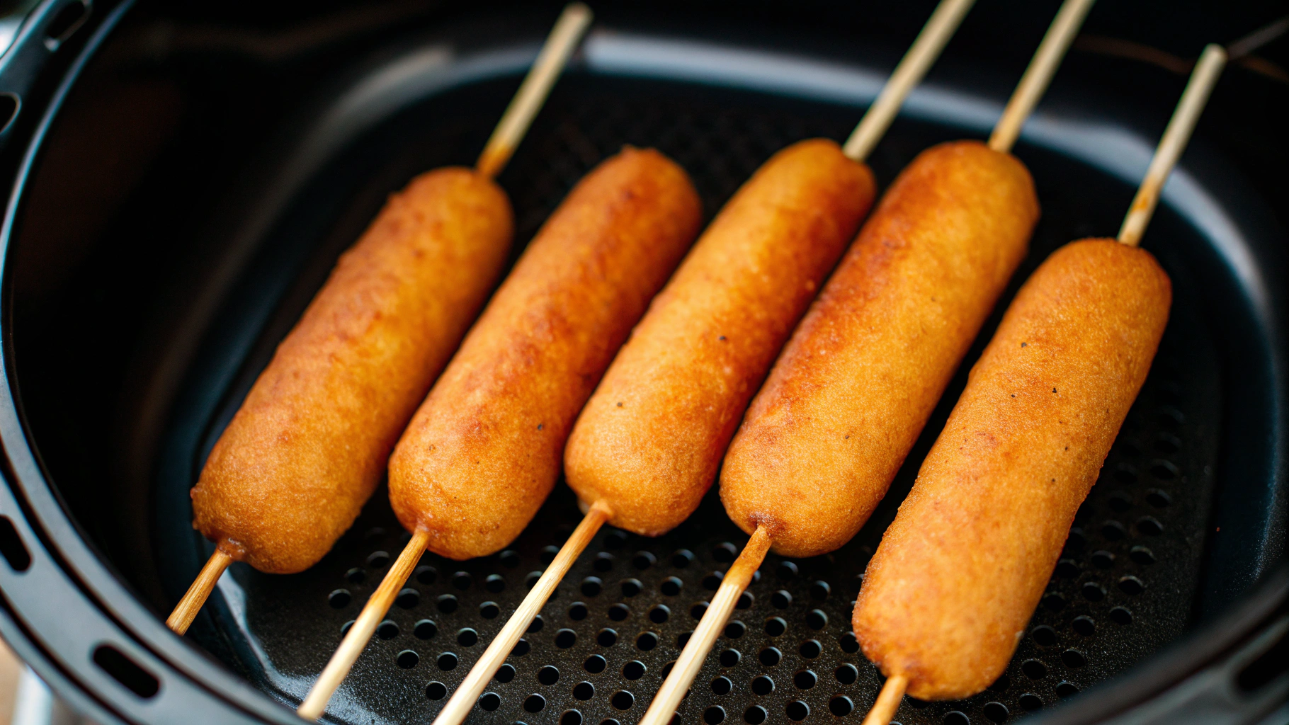 Delicious air fryer corn dogs served with dipping sauces on a wooden platter.