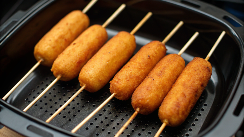 Variety of air fryer corn dogs with different toppings and sauces on a colorful plate.