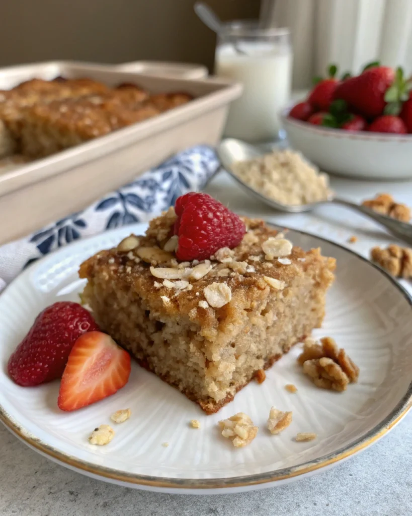 A plate with a slice of oatmeal cake, topped with whipped cream and walnuts