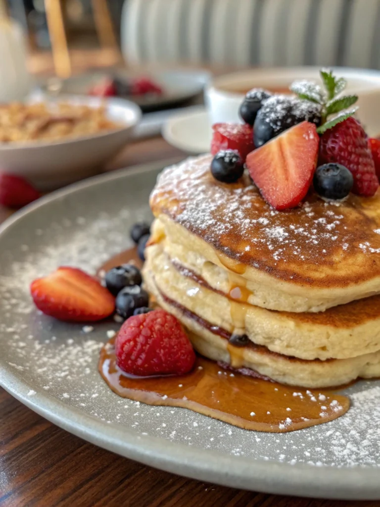 A plate of golden, fluffy pancakes with syrup and berries