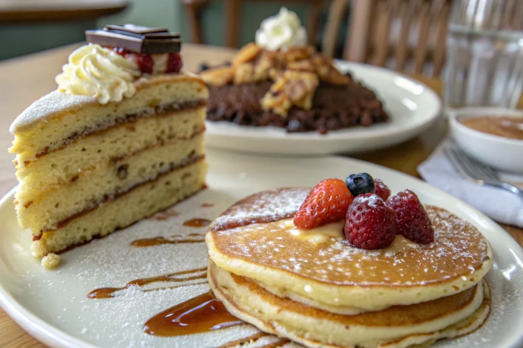 Assortment of pancakes, cake, and other baked goods