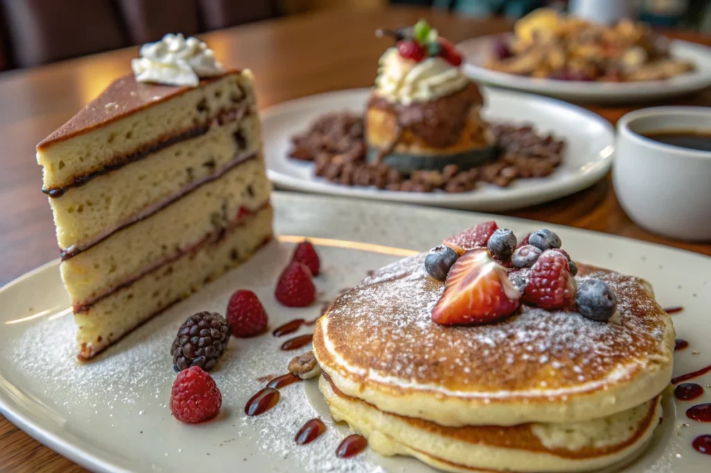 Delicious pancakes and cake on a plate