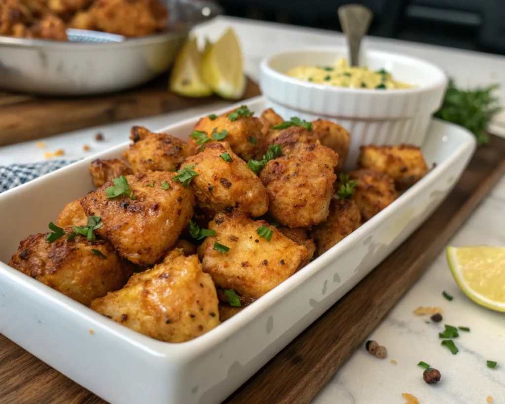 Closeup of golden-brown fried chicken bites with fresh parsley garnish