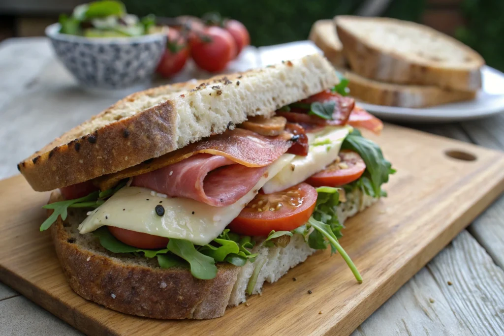 A delicious Ploughman's sandwich with layers of ham, cheese, tomatoes, and greens on a crusty bread.