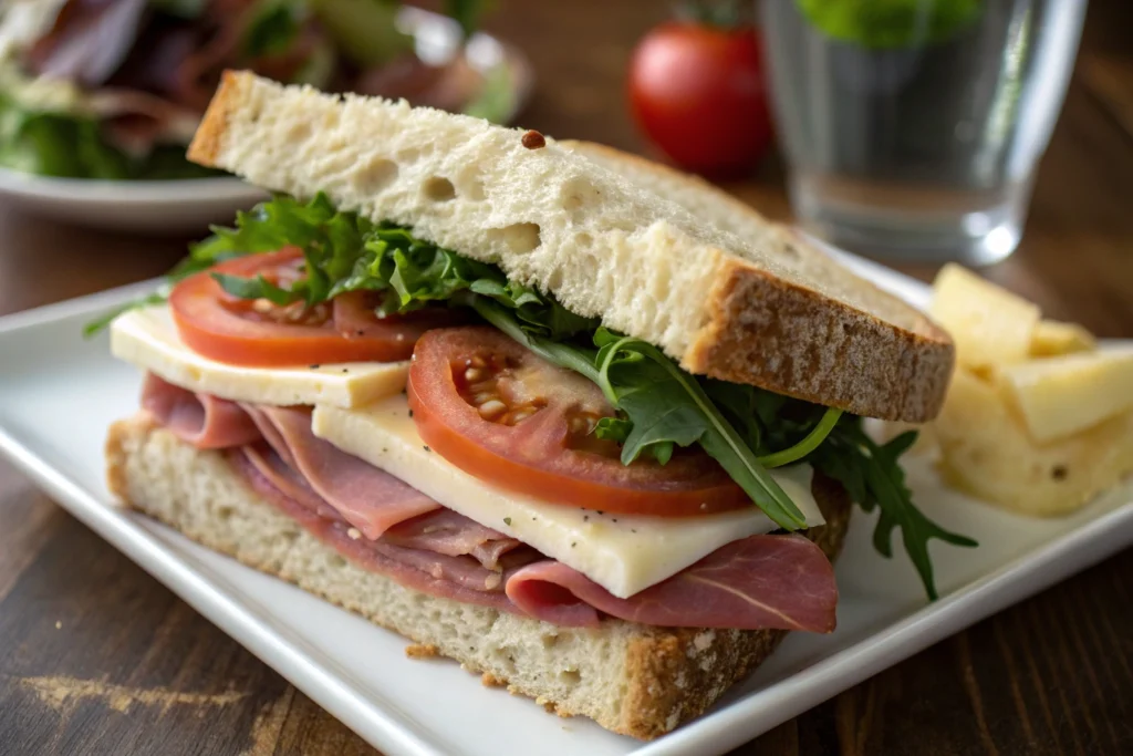 Close-up view of a Ploughman's sandwich, highlighting the layers of ingredients.