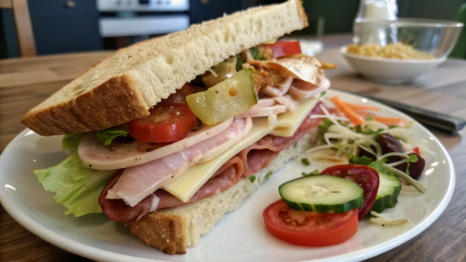 A Ploughman's sandwich served on a plate, accompanied by a side salad and other garnishes.