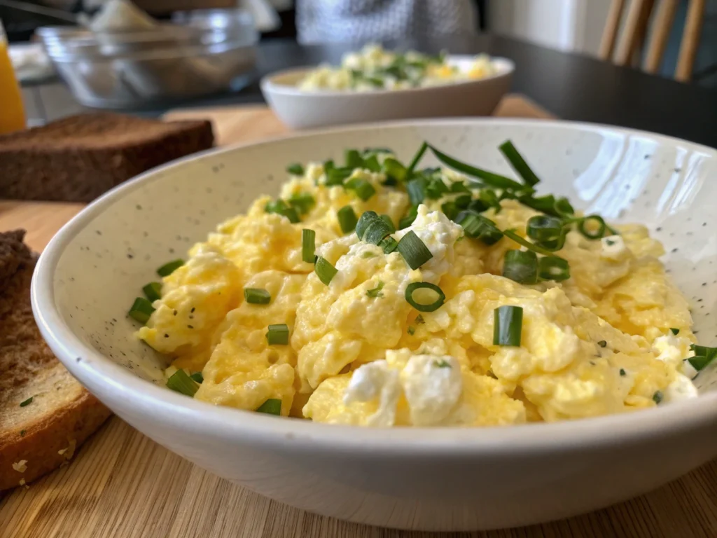 Plate of scrambled eggs with cottage cheese, served with slices of bread