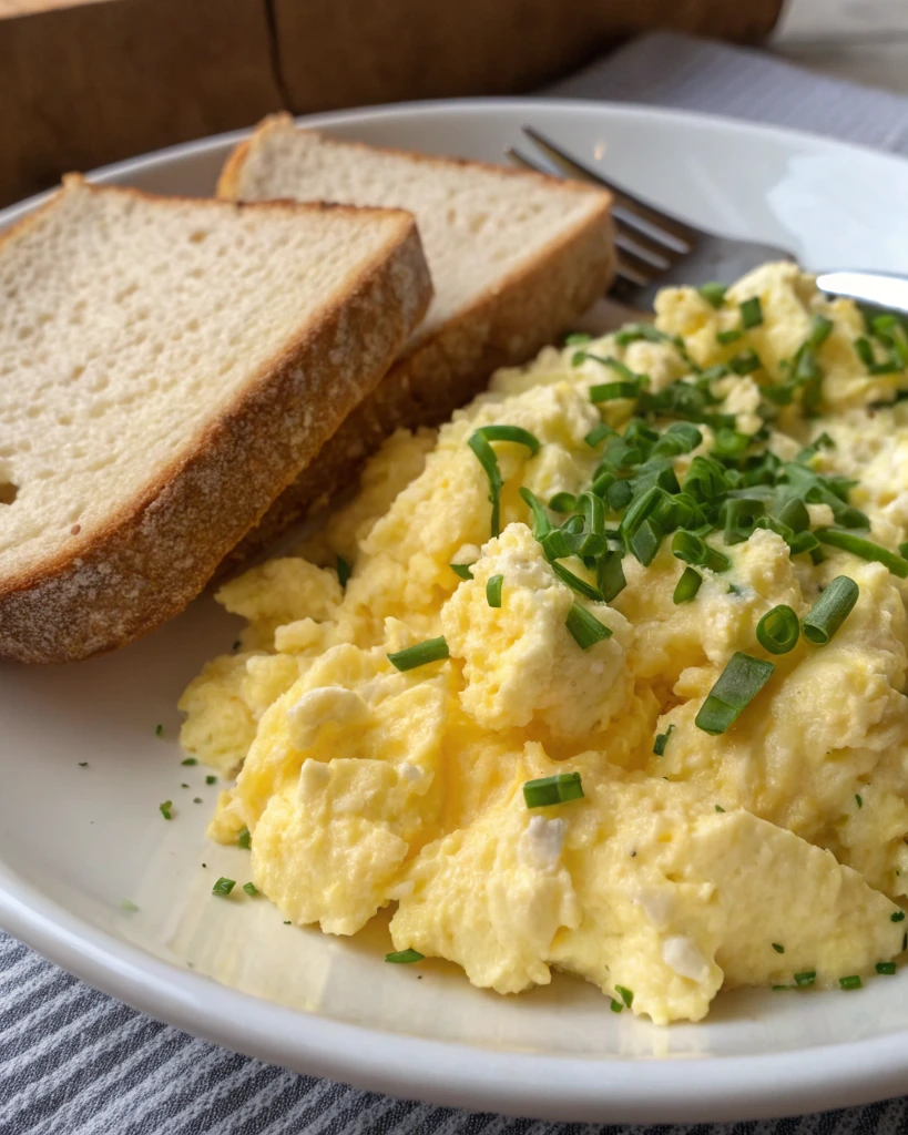 Close-up of scrambled eggs with cottage cheese and green onions