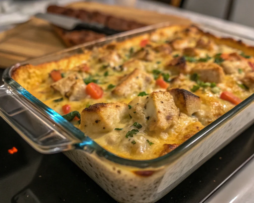 Closeup of a serving of creamy chicken casserole