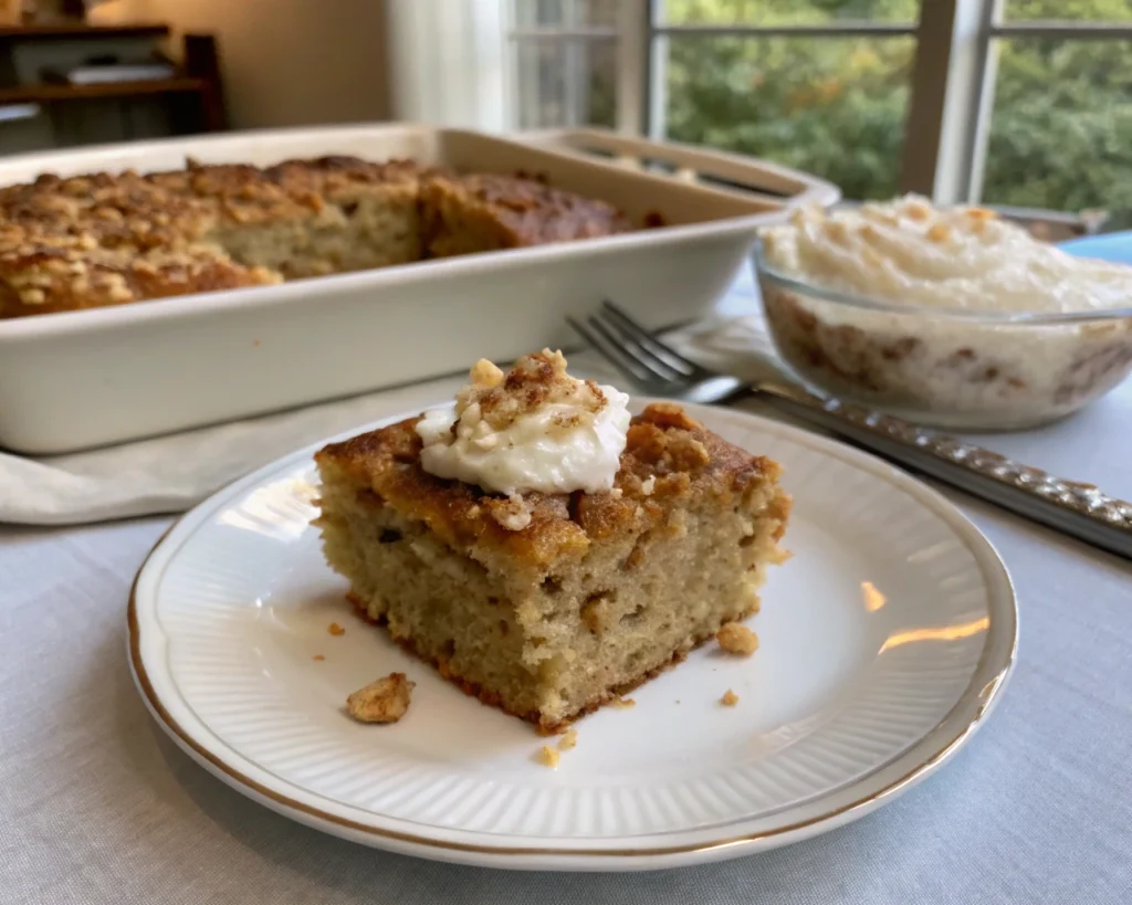 Close-up of a slice of oatmeal cake with whipped cream