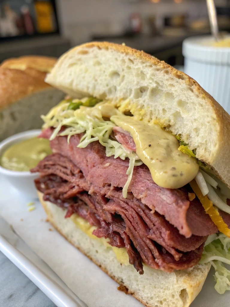 Another angle of a pastrami sandwich with coleslaw and mustard.