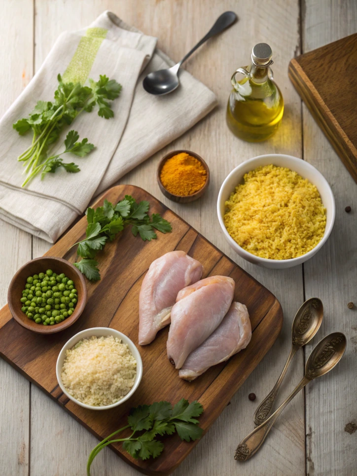 Step-by-step cooking process for chicken and yellow rice in a skillet, showing chicken thighs browning with aromatic vegetables.