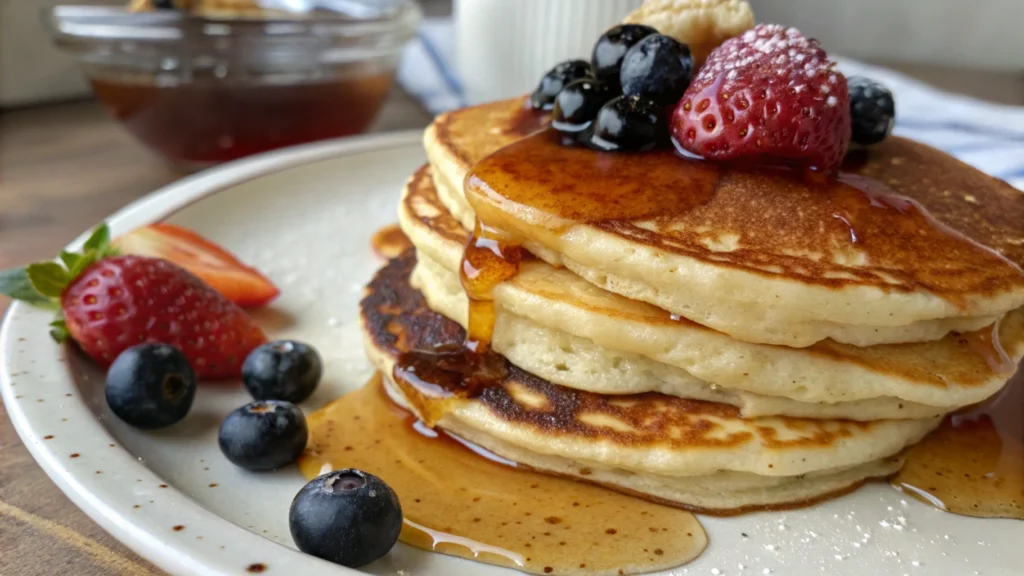 Close-up of fluffy pancakes stacked with syrup and fresh berries, highlighting their soft texture and indulgent toppings.