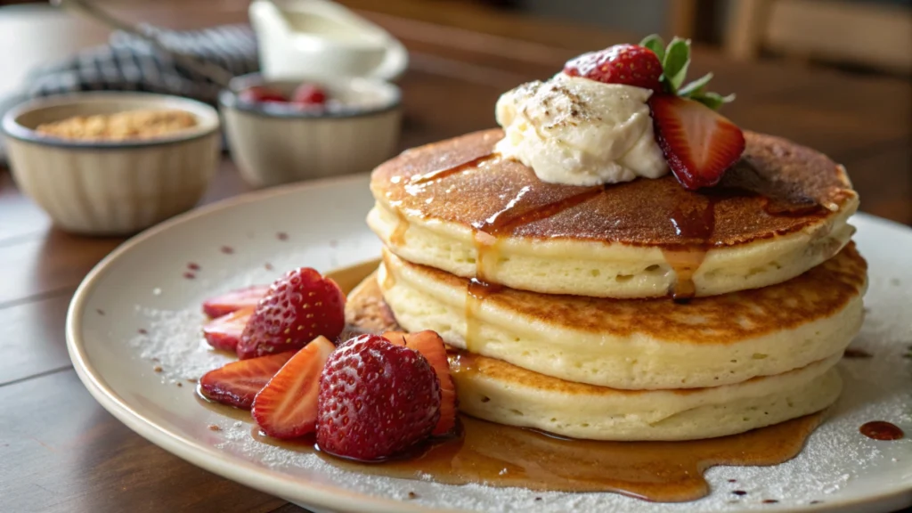 Stack of fluffy hot cakes and thin pancakes on a white plate with syrup, showcasing the difference between hot cake mix and pancake mix.