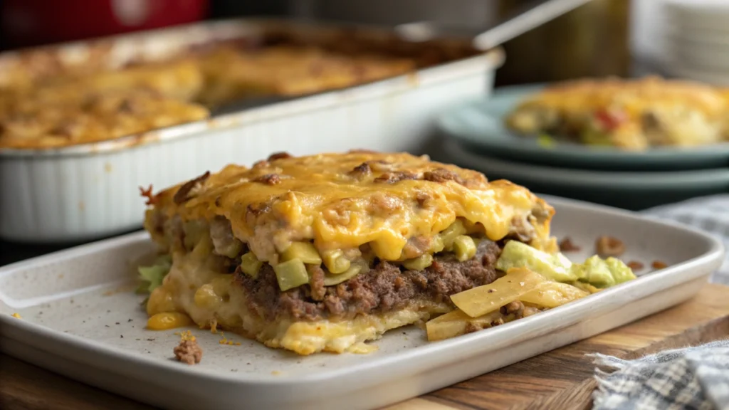 Close-up of Big Mac casserole served on a plate with a side salad.