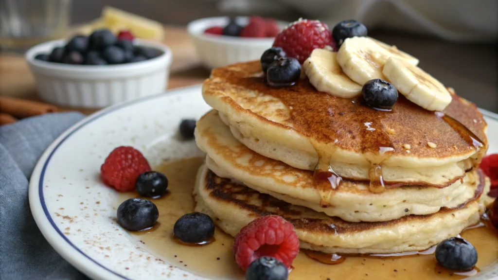 Golden-brown pancakes with syrup and butter, illustrating the light and airy texture of pancakes made with pancake mix.