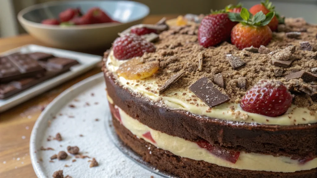 Freshly baked cake made using cake mix, decorated with frosting and sprinkles.