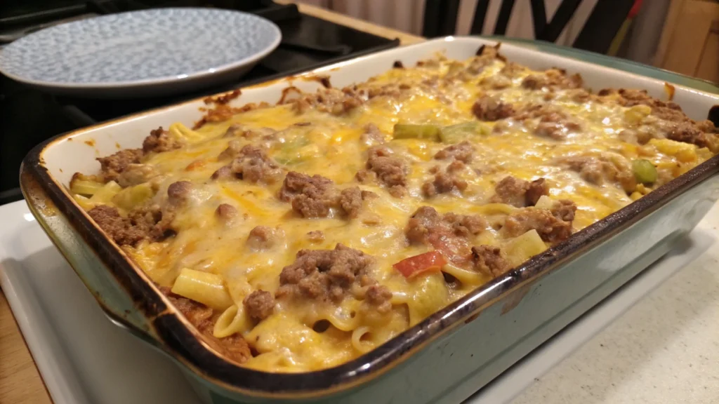 Delicious Big Mac casserole topped with melted cheese and pickles in a baking dish.