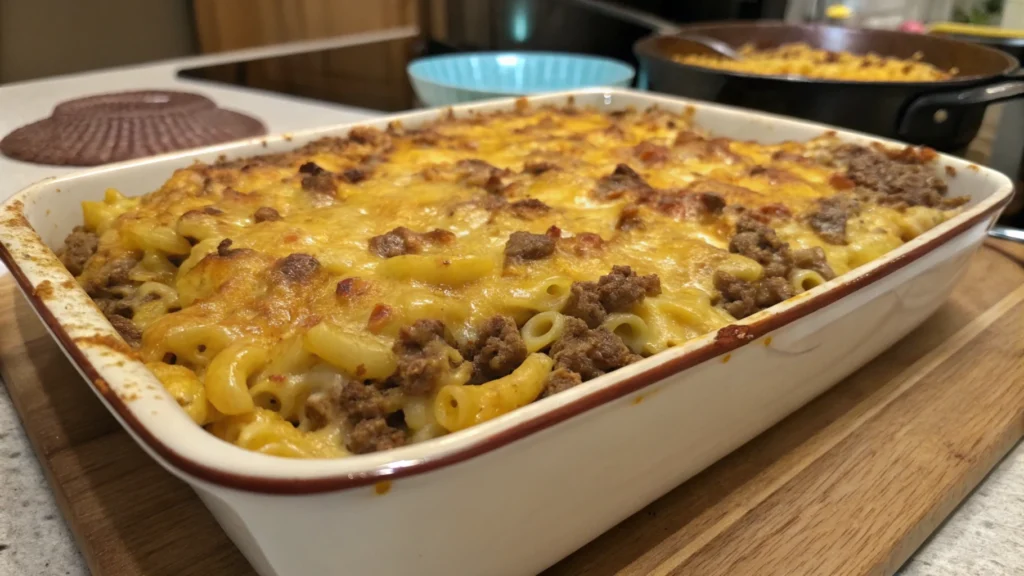 Cheesy Big Mac casserole topped with sesame seeds, pickles, and special sauce, served in a baking dish.