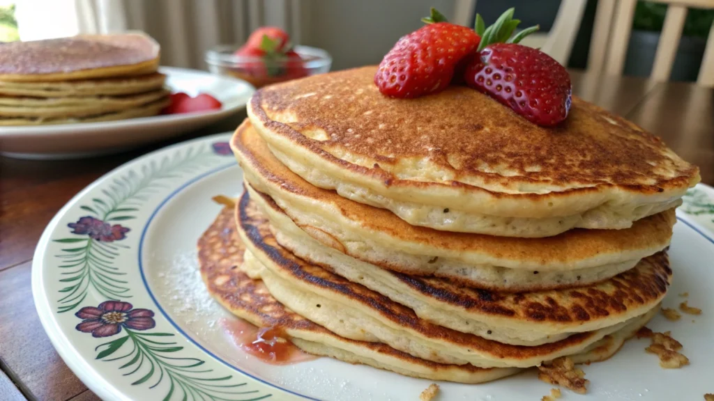 A side-by-side comparison of wheat cakes and pancakes on a breakfast table, highlighting their texture and topping options.