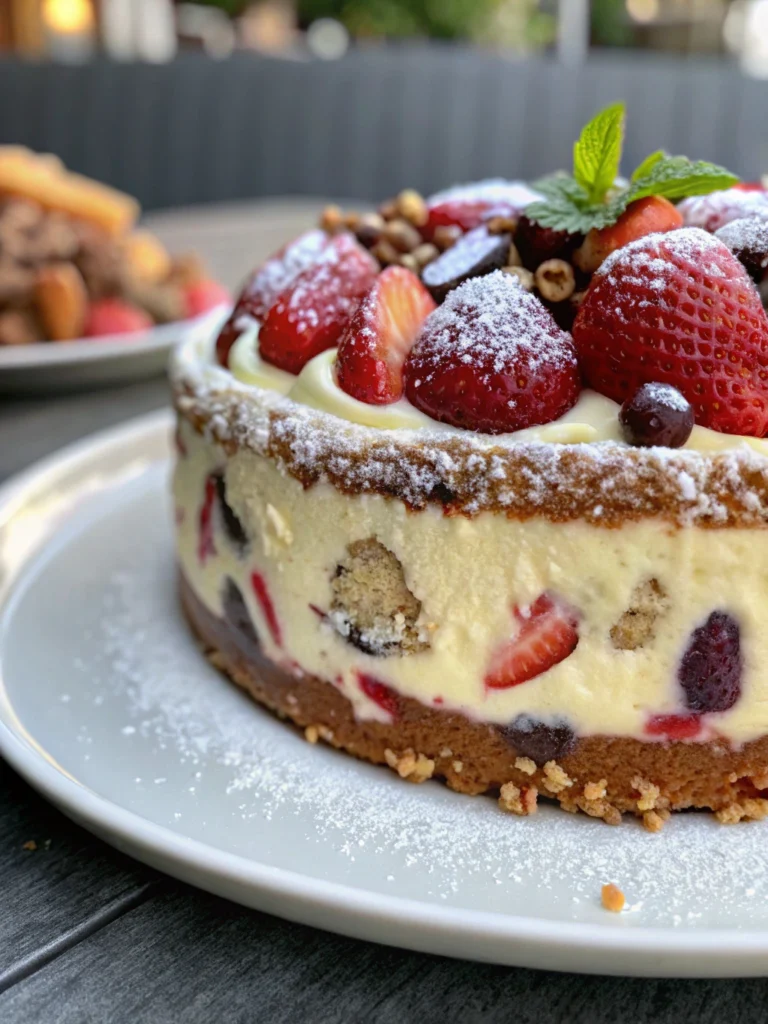 A decadent layered cake with fresh berries and whipped cream