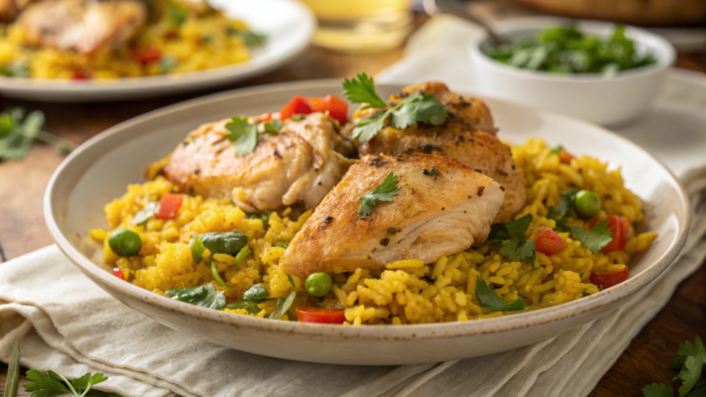 Ingredients for chicken and yellow rice recipe laid out on a countertop, including chicken thighs, rice, spices, and fresh parsley.