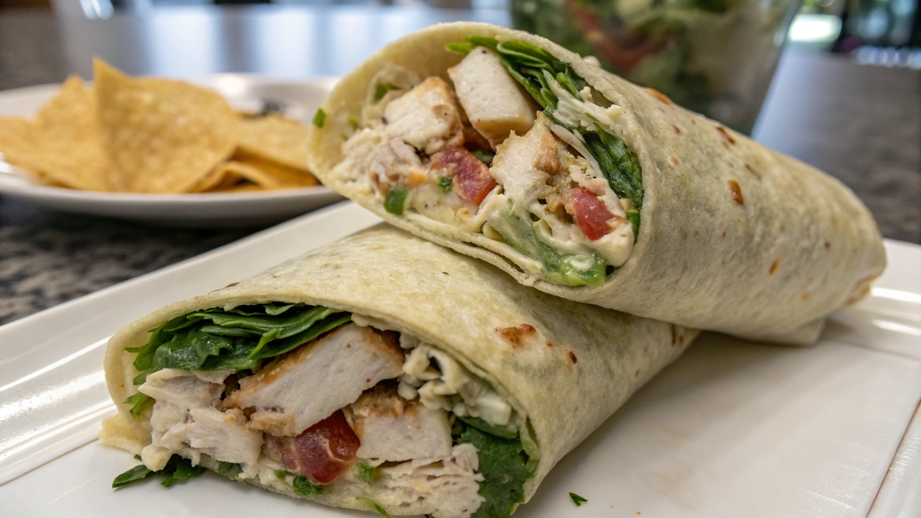 Close-up of chicken salad wraps with spinach and chicken on a plate.