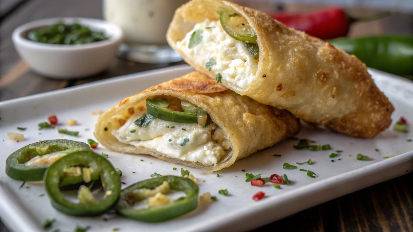 Crispy egg roll wrappers filled with creamy goat cheese and spicy jalapenos