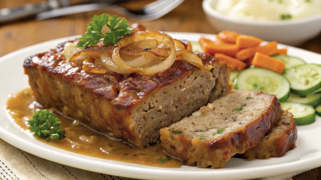 A delicious Lipton Onion Soup Meatloaf sliced on a wooden cutting board with a side of mashed potatoes and green beans.