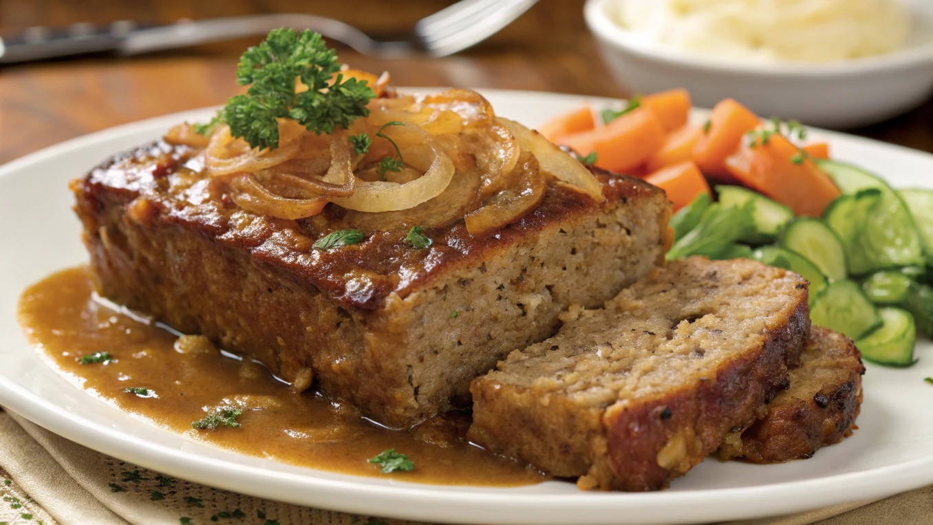 Lipton Onion Soup Meatloaf served with mashed potatoes and green beans