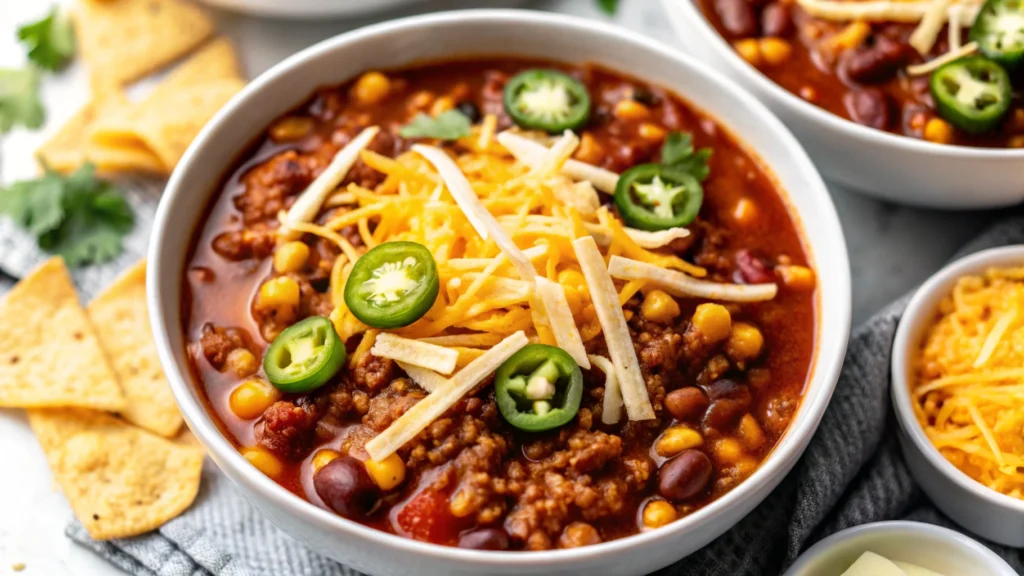 A hearty bowl of taco soup garnished with cheese, avocado, and fresh cilantro.