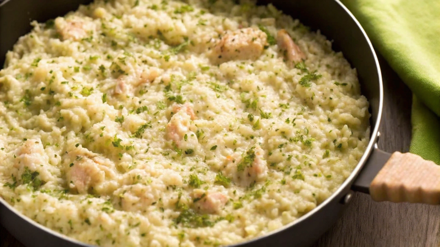 A close-up of a bowl filled with creamy chicken and rice, garnished with fresh parsley, showcasing its rich and hearty texture.