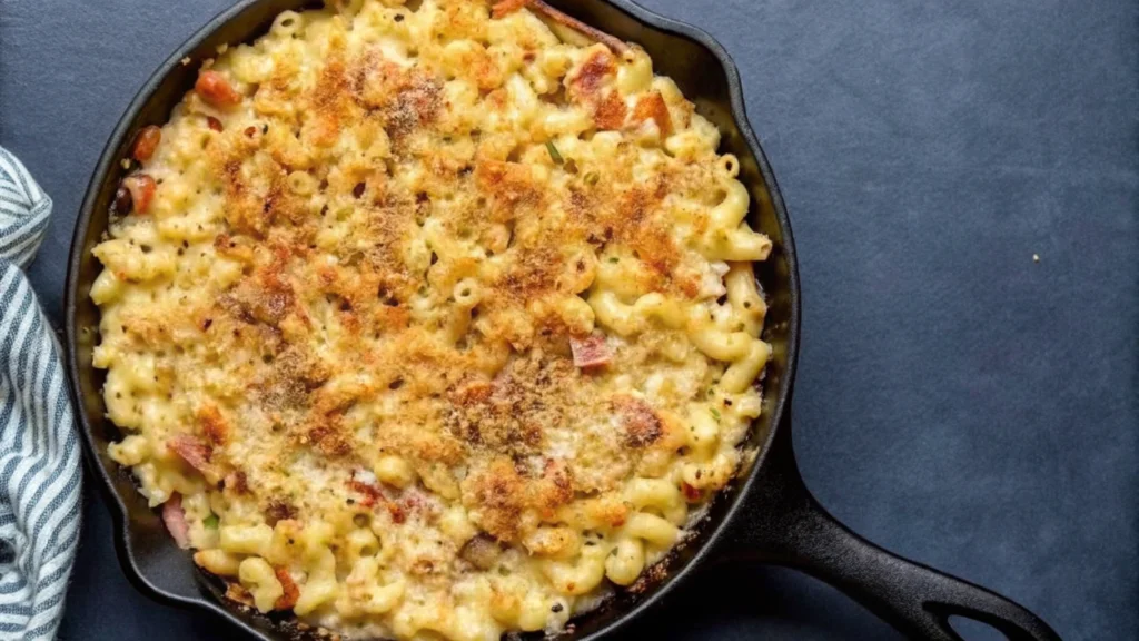 A bowl of creamy Cajun mac and cheese topped with shrimp and parsley.