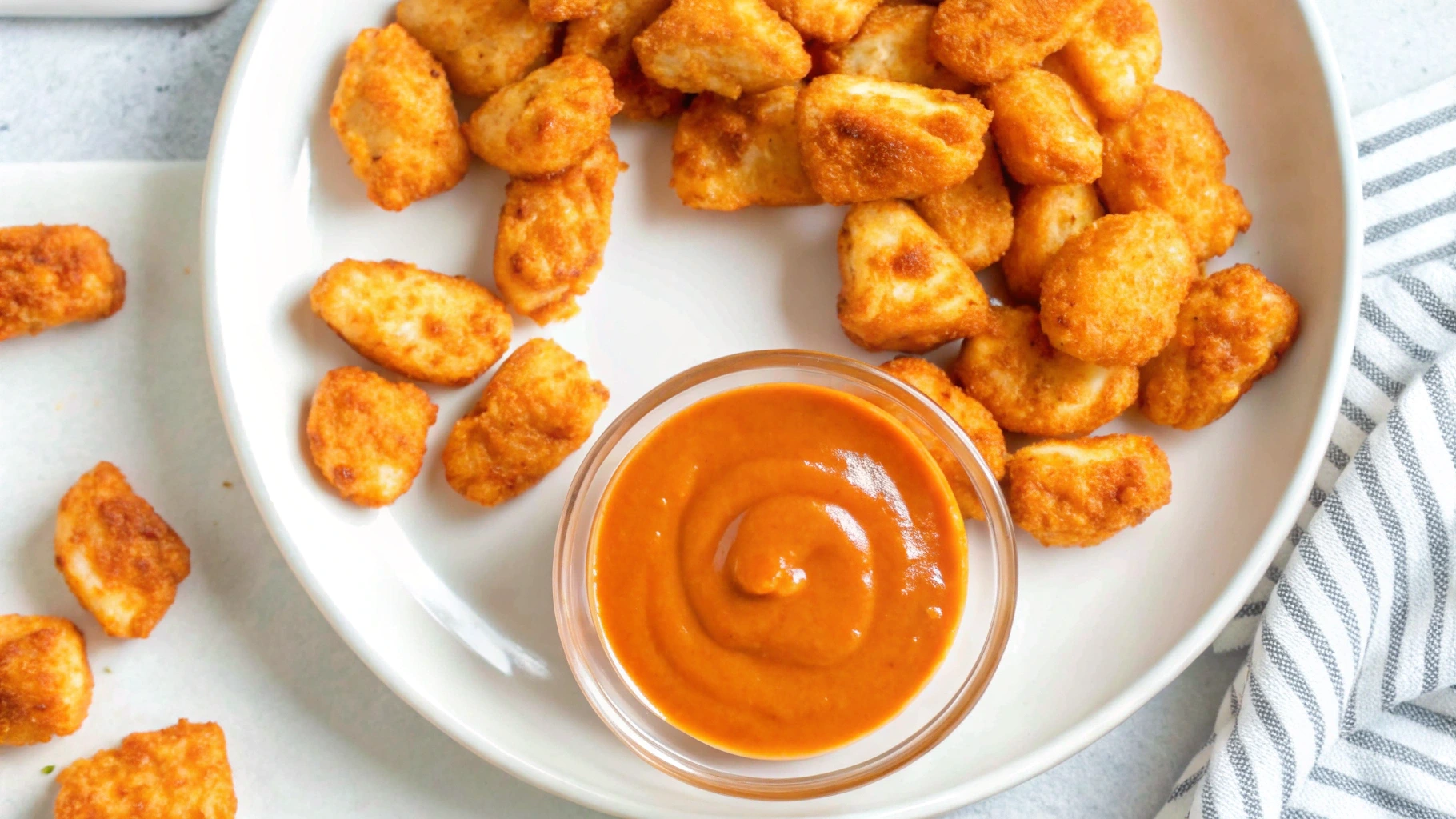 Crispy air fryer chicken bites served with dipping sauces on a wooden platter.