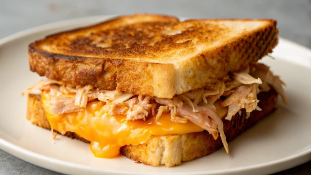 Kimchi tuna sandwich with fresh ingredients on a wooden cutting board.