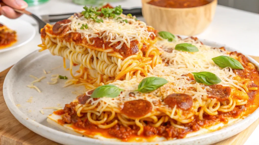 Deliciously layered ramen noodle lasagna with cheese, meat, and vegetables, garnished with fresh herbs.