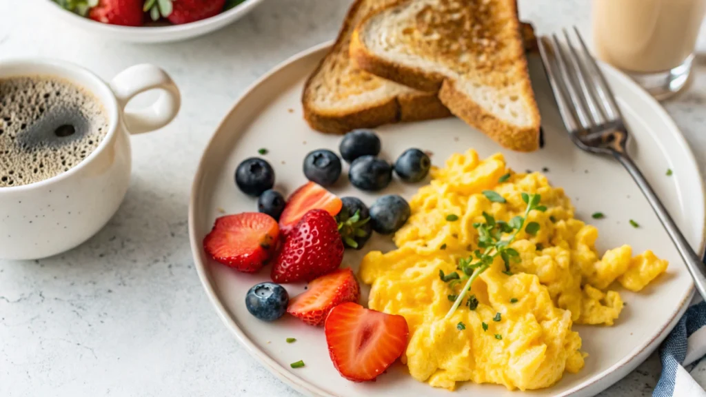 A bowl of creamy scrambled eggs mixed with cottage cheese, garnished with fresh herbs, served on a white plate with a fork beside it.