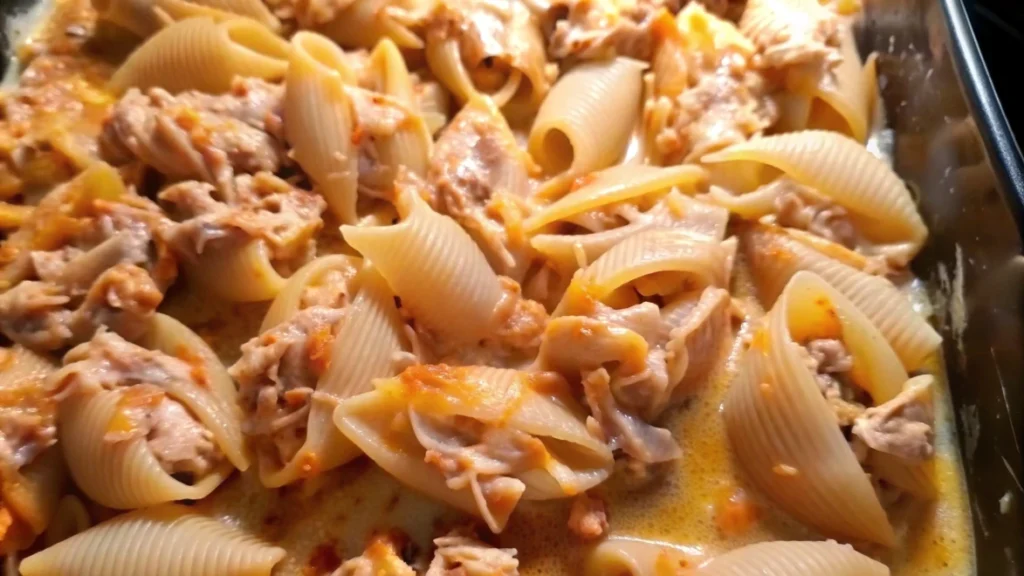 Jumbo pasta shells filled with creamy chicken and cheese mixture, arranged in a baking dish with marinara sauce.