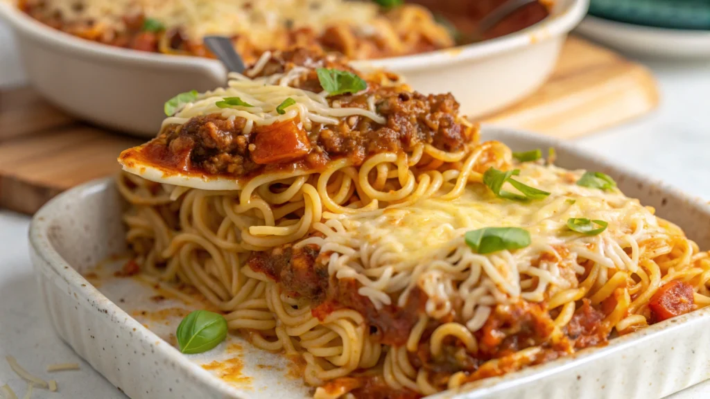 Baked ramen noodle lasagna fresh out of the oven, bubbling with cheese and garnished with fresh herbs.