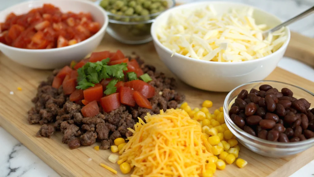 Ingredients for thickening taco soup displayed on a wooden table.