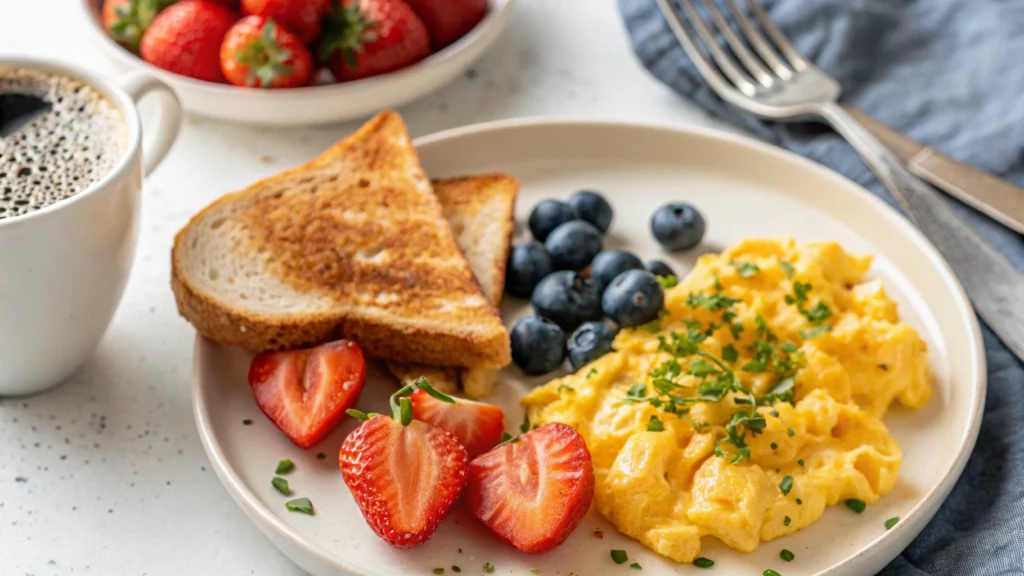 Close-up of fluffy scrambled eggs with creamy cottage cheese, topped with chopped chives and served on a toasted slice of bread.