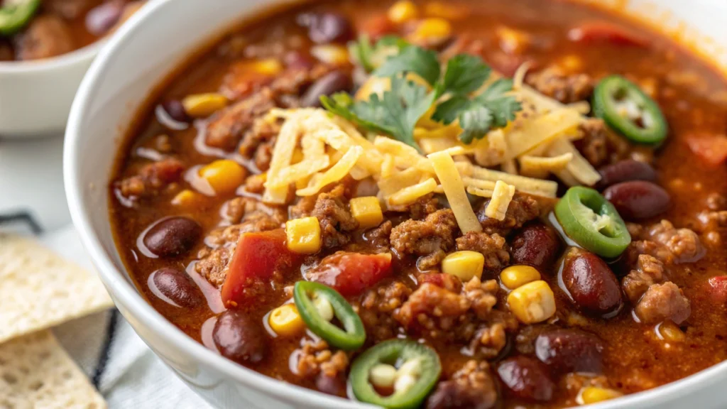 A pot of simmering taco soup on the stove, showcasing its thick consistency.