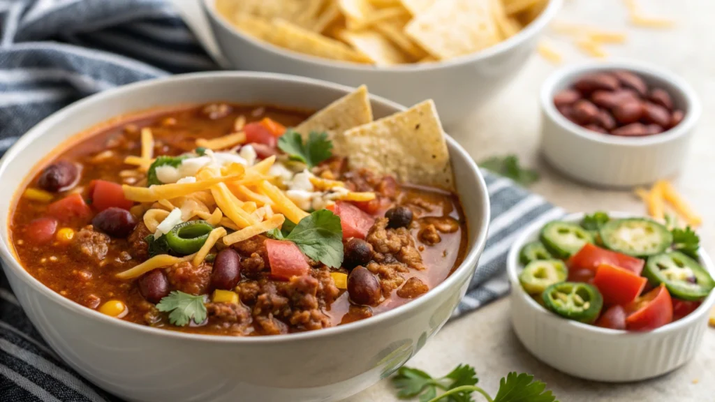 Bowl of taco soup with fresh toppings showing its carb content and healthy low-carb version