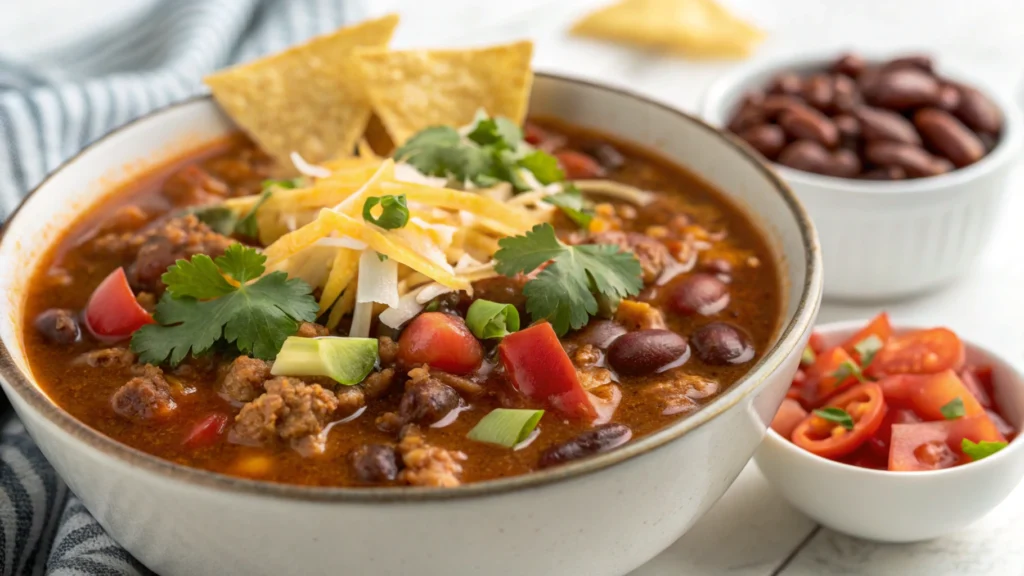 Low-carb taco soup served in a bowl with fresh toppings like avocado, cheese, and cilantro