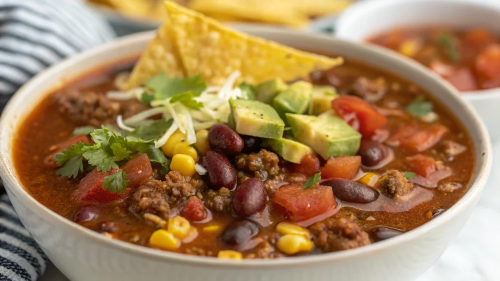 Ingredients for taco soup on a table, showing a low-carb recipe option