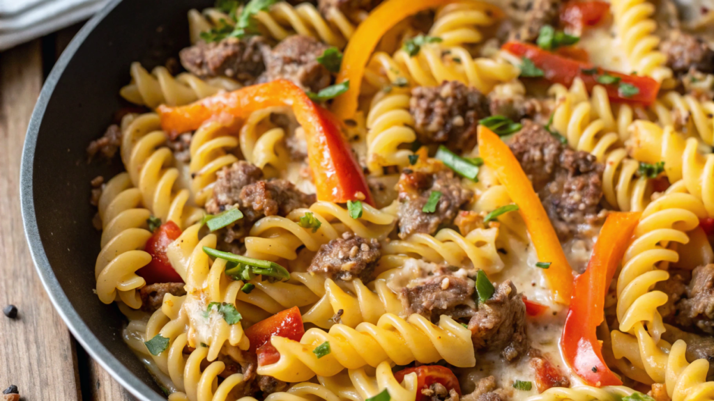 Delicious bowl of Philly cheesesteak pasta topped with melted cheese and fresh herbs.