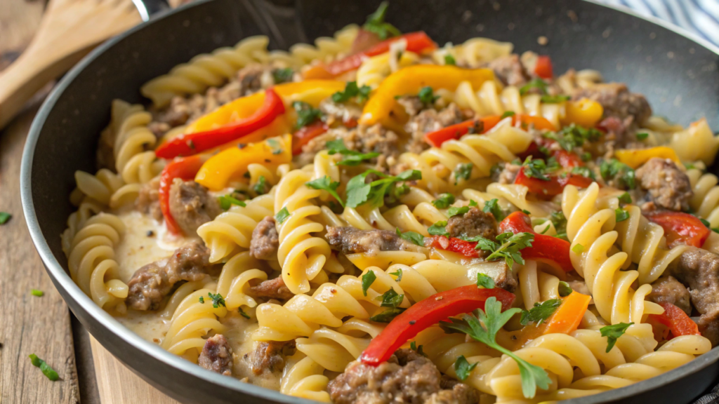 Gluten-free Philly cheesesteak pasta served in a bowl with fresh herbs.