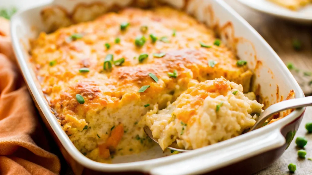 Sliced chicken cauliflower casserole served on a plate with a side salad.