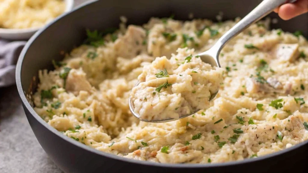 A skillet of creamy chicken and rice on a rustic wooden table, surrounded by ingredients like fresh parsley, garlic, and uncooked rice.