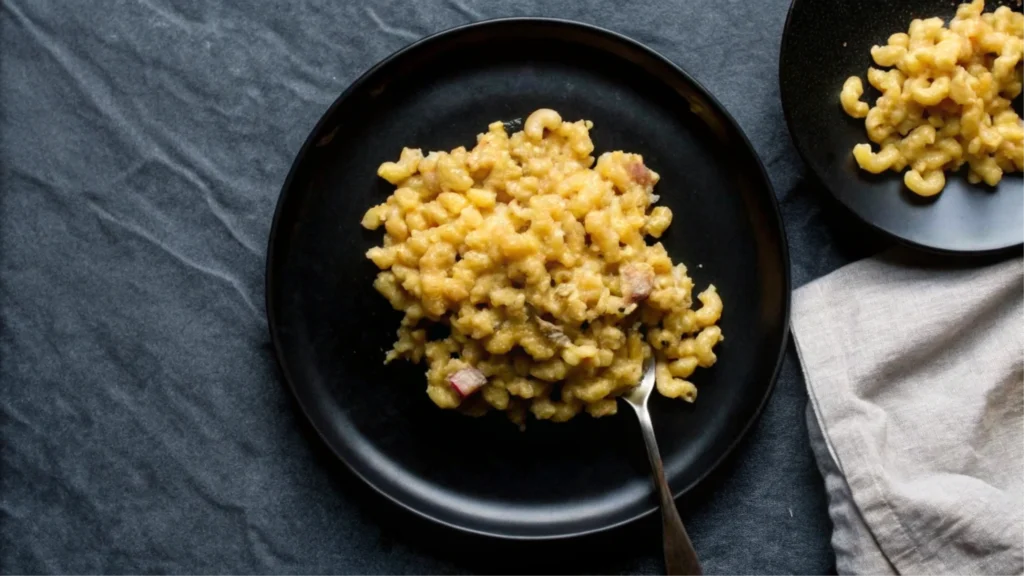 Close-up of Cajun mac and cheese with andouille sausage and melted cheese.